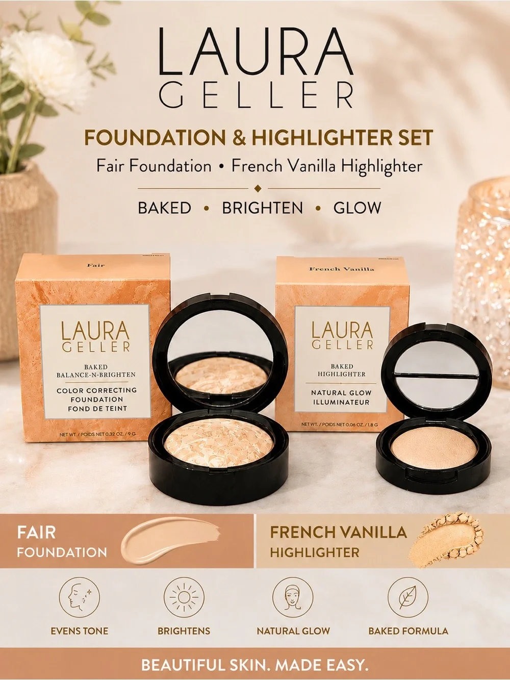 Laura Geller Baked Foundation, Fair and Highlighter, French Vanilla